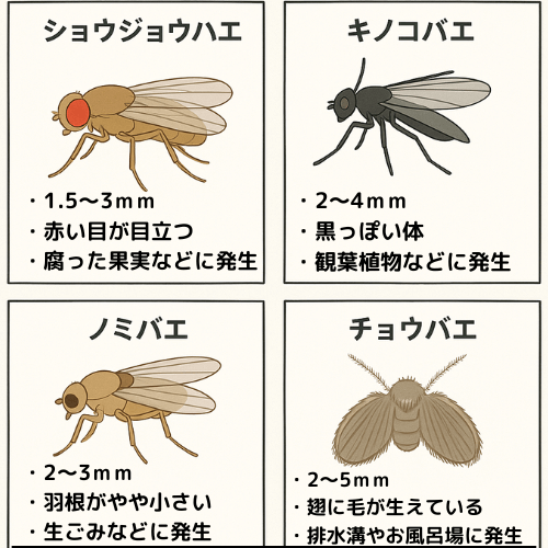 ショウジョウバエ、キノコバエ、ノミバエ、チョウバエそれぞれの特徴を描いたイラスト
