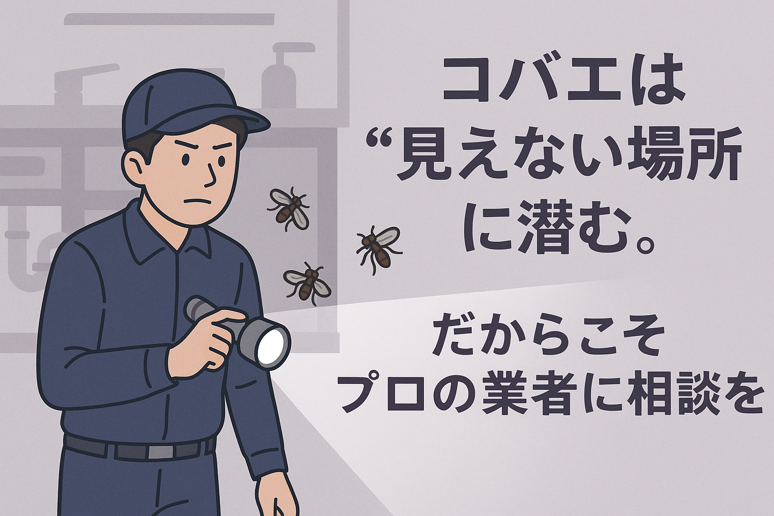 ライトで暗闇を照らしている害虫駆除のスタッフ