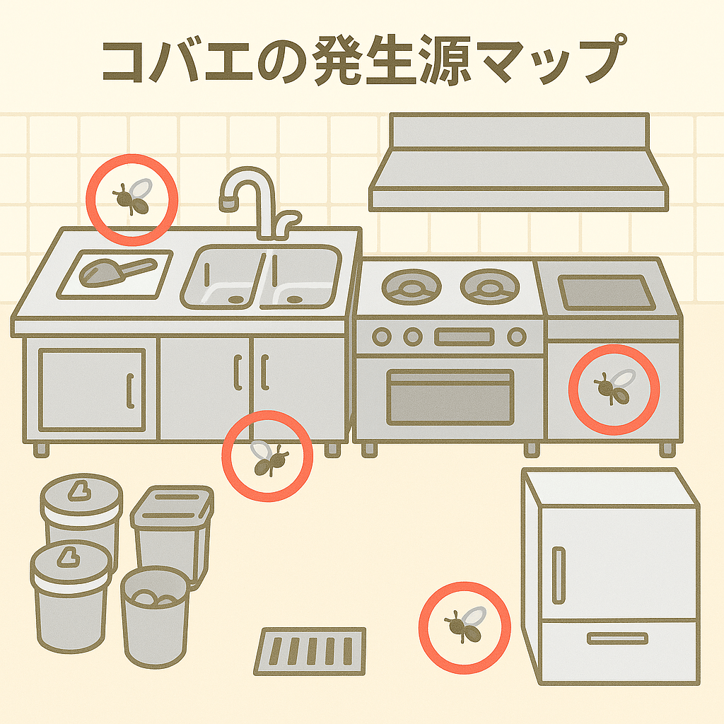 コバエの出やすい場所を記したマップ