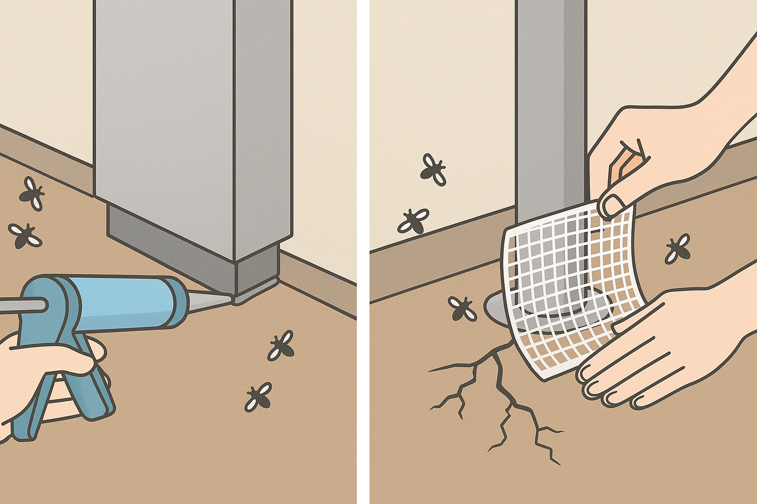 コバエ対策のために隙間を補修しているイラスト