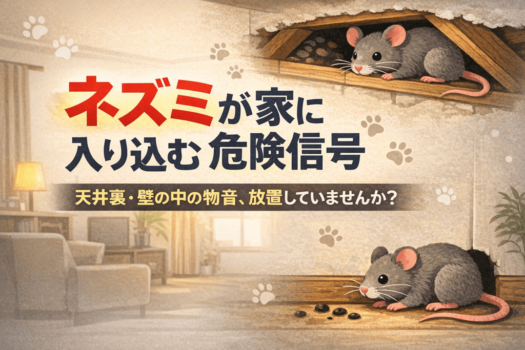 冬に増えるネズミの室内侵入と注意喚起イメージ