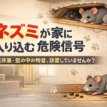 冬に増えるネズミの室内侵入と注意喚起イメージ