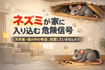 冬に増えるネズミの室内侵入と注意喚起イメージ