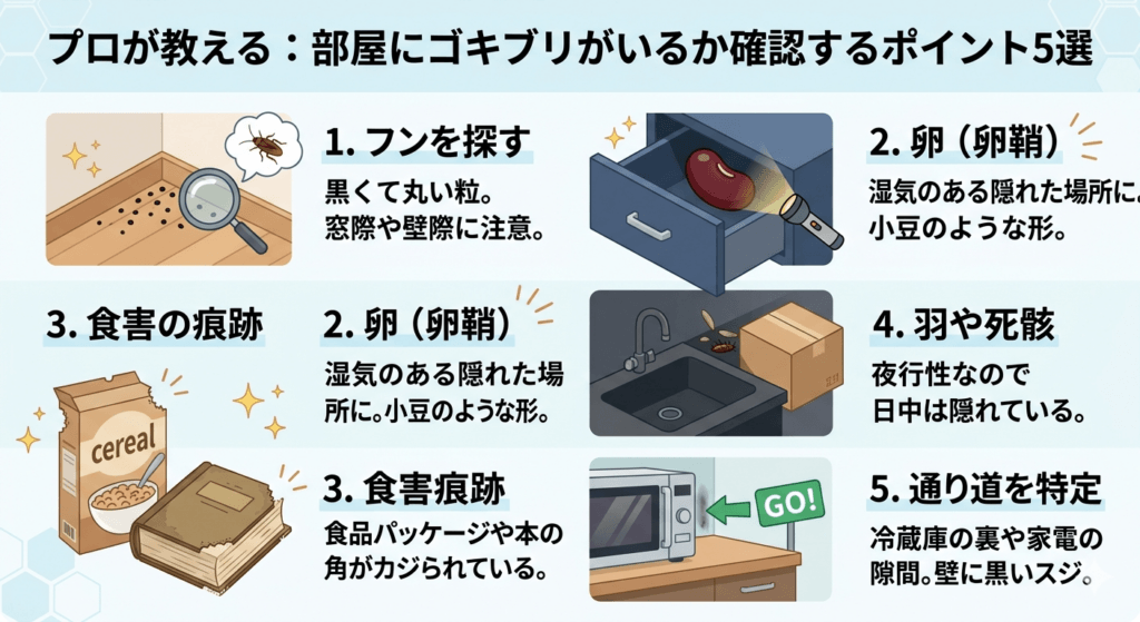 部屋にゴキブリがいるか確認するポイント5つを並べたイラスト