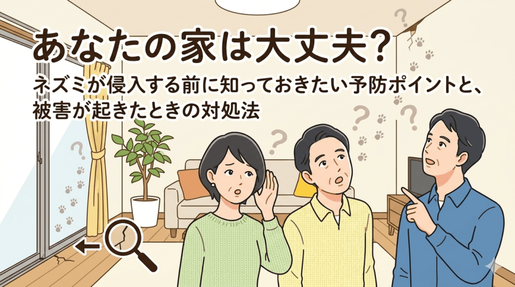 家の中で家族がネズミに困っているイラスト
