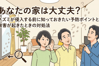 家の中で家族がネズミに困っているイラスト