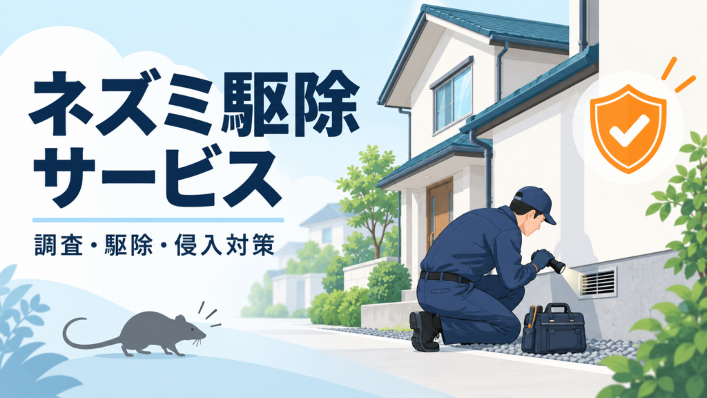 ネズミ駆除サービスのイラスト。住宅の床下換気口を点検するスタッフと、ネズミのシルエット。「調査・駆除・侵入対策」の文字。